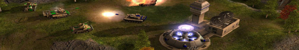 Command & Conquer: Generals, promo image showing Western units defending their base from an assault of GLA tanks